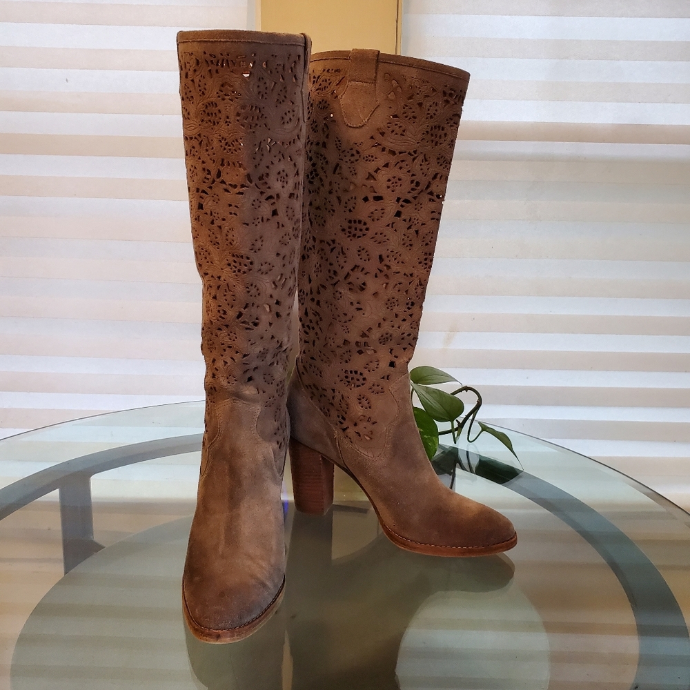 DONALD J. PILNER Khaki Suede Leather Tall Knee High Boots Sz 8 EUC